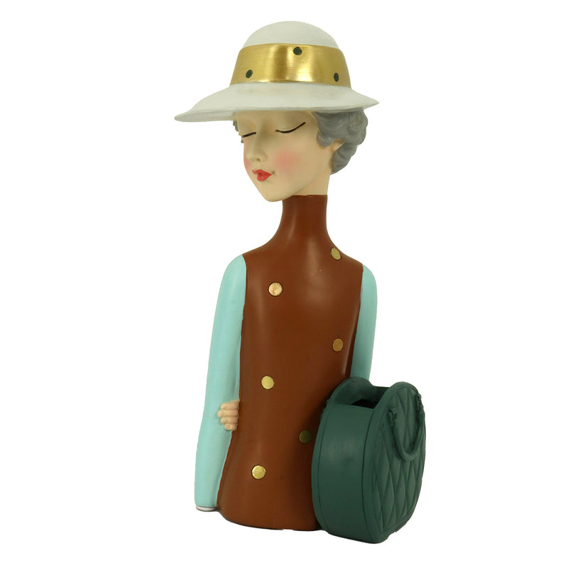 Statuina Donna in Resina marrone con borsa portavaso cm 17x13xh36-1