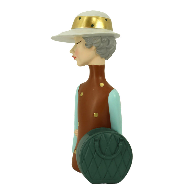 Statuina Donna in Resina marrone con borsa portavaso cm 17x13xh36-3