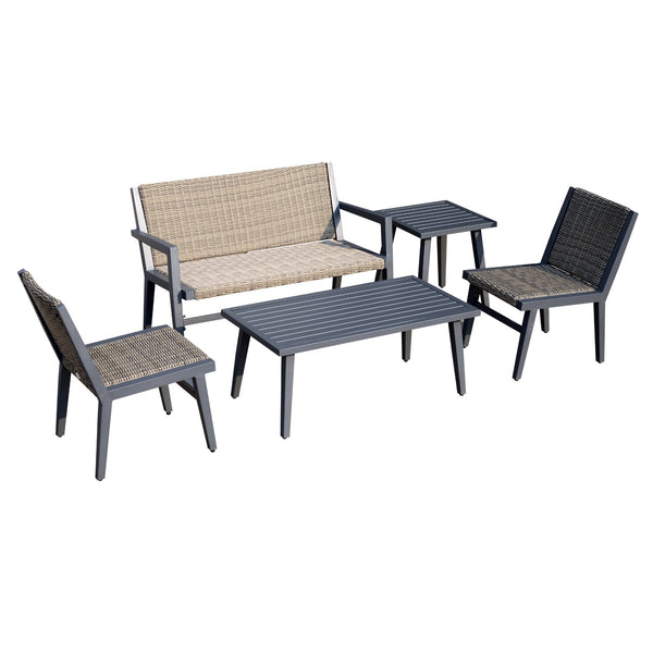 online Garten-Lounge-Set mit Sitzbank aus synthetischem Rattan, Sesseln und Tisch in Braun und Beige