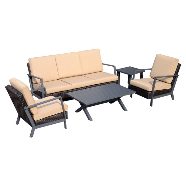 Garten-Lounge-Set aus synthetischem Rattan-Sofa und Sesseln mit braunen und beigen Kissen prezzo