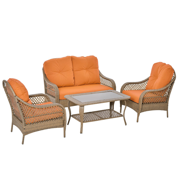 Gartengarnitur Sofa, 2 Sessel und Couchtisch aus Rattan mit orangefarbenen Kissen acquista
