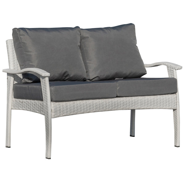 online 2-Sitzer Gartensofa 120 x 63 x 77 cm aus Rattan mit weißen und grauen Kissen