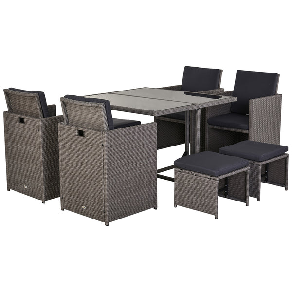 acquista Set aus Tisch und 4 Gartenstühlen aus synthetischem Rattan und Stahl mit 4 grauen Fußbänken