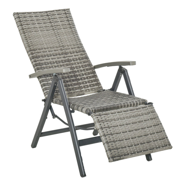 sconto Klappbarer Garten-Liegestuhl mit Armlehnen und Fußstütze aus grauem Rattan