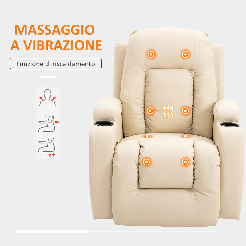 Poltrona Relax Massaggiante e Reclinabile 85x94x104 cm in Similpelle Crema-4