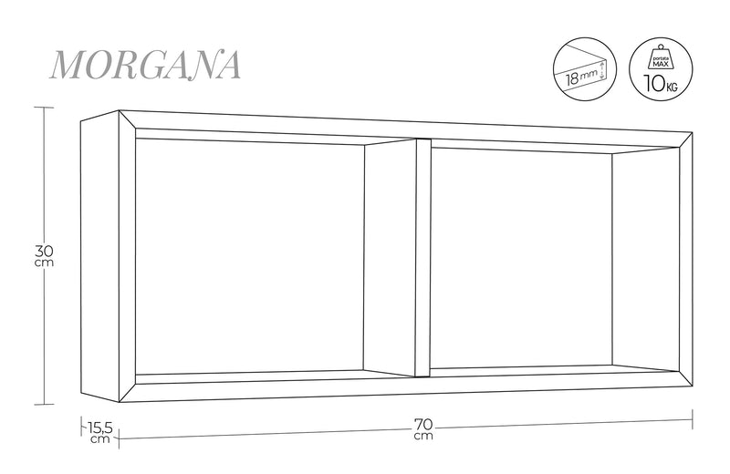 Mensola Rettangolare 2 Scomparti da Parete 70x30x15,5 cm in Fibra di Legno Morgana Nero-4