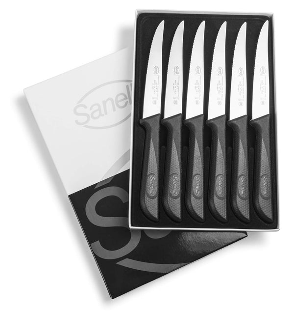 online 6-teiliges Messerset für Rib-Steak, 12 cm lange Klinge, rutschfester Griff aus Sanelli-Haut, schwarz