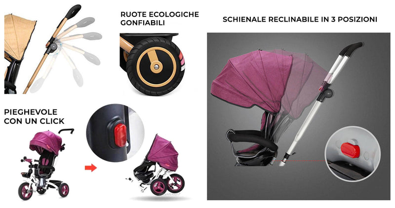 Passeggino Triciclo Seggiolino Reversibile  4 in 1 Boso Happy Kids Rosa-10