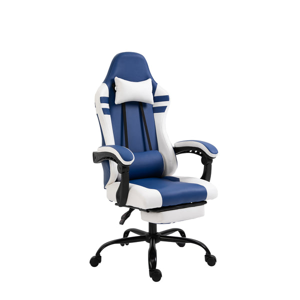 Ergonomischer Gaming-Stuhl mit blauer und weißer Fußstütze acquista