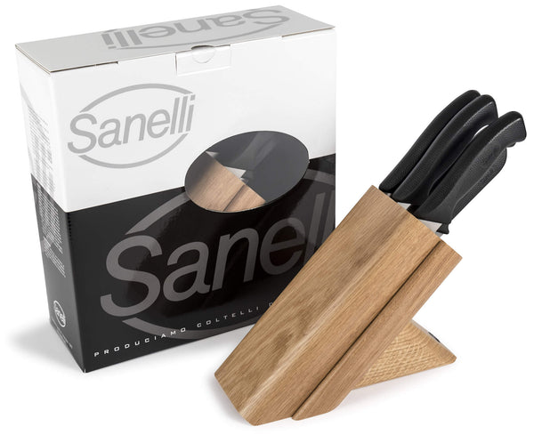 Eichenblock mit 5 Messern. Rutschfester Griff aus Sanelli-Haut, schwarz sconto