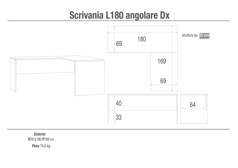 Scrivania Angolare Dx 180x76x169 cm Ossido Bianco-3