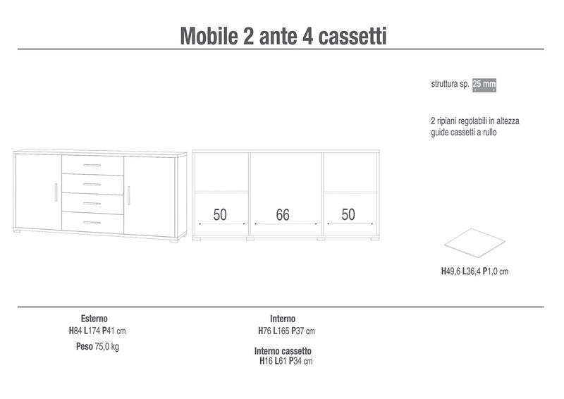 Mobile 2 Ante 4 Cassetti 174x84x41 cm Ossido Bianco/Cemento-2
