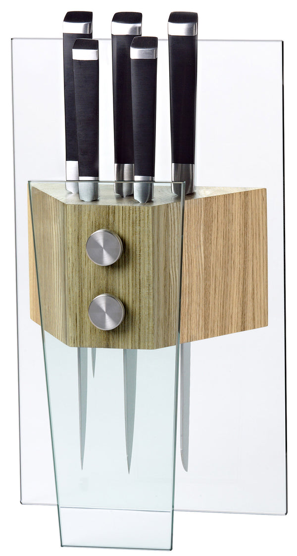 Block aus gehärtetem Glas und Holz mit 5 Marte Alexander Kristall-Smaragdmessern sconto