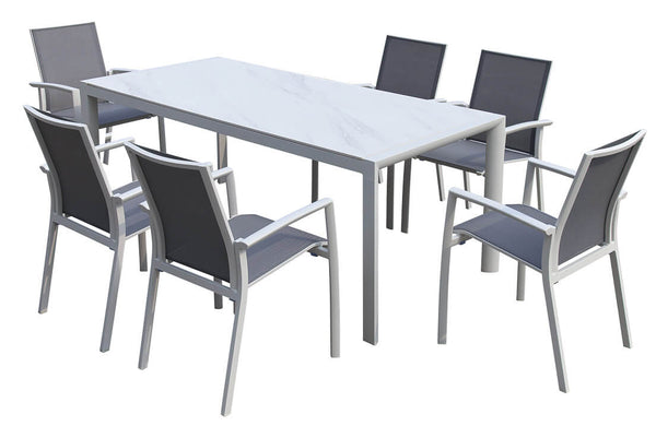 Set aus Tisch und 6 Gartenstühlen aus Aluminium und weißem Textilene acquista