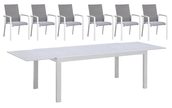 prezzo Set aus ausziehbarem Tisch und 6 Gartenstühlen aus Aluminium und weißem Textilene