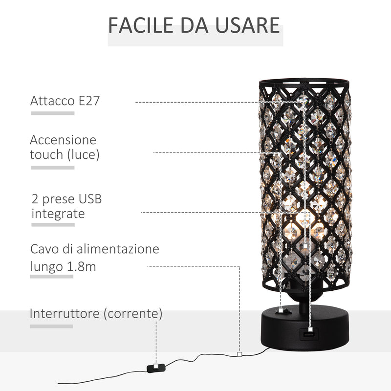 Lampada da Tavolo 2 Porte USB Ø10,8x30 cm E27 Paralume in Cristallo Nero-5
