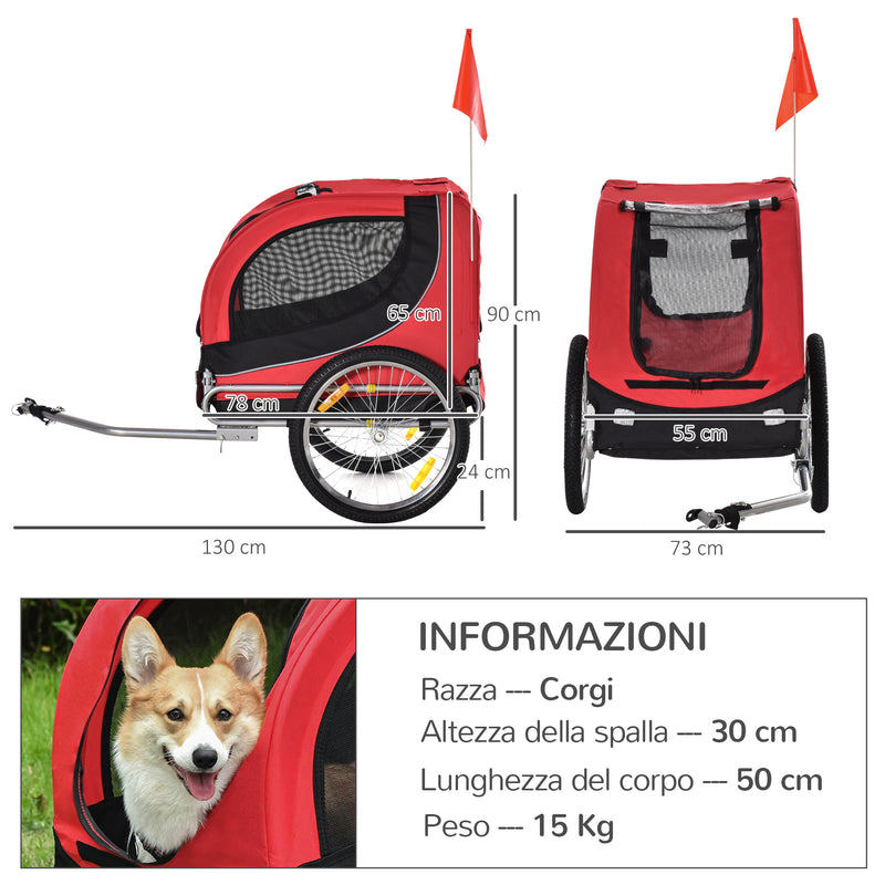 Carrellino Rimorchio per Cani e Animali Domestici da Bicicletta Rosso e Nero 130x90x110 cm -3