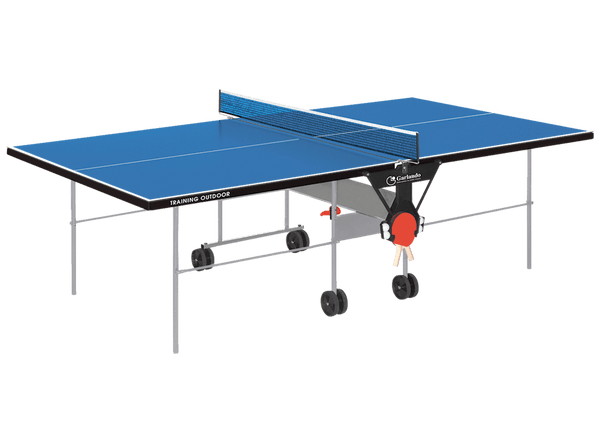 online Pin-Pong-Tisch mit blauer Platte und Rädern für das Outdoor-Garlando-Training im Freien