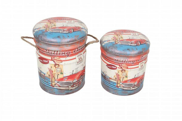 Set 2 Pouf Round Container aus hellblau/weißem MDF prezzo