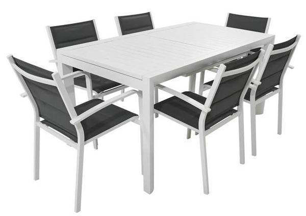 Set aus Tisch und 6 Gartenstühlen aus Aluminium und Textilene in Weiß und Anthrazitgrau sconto