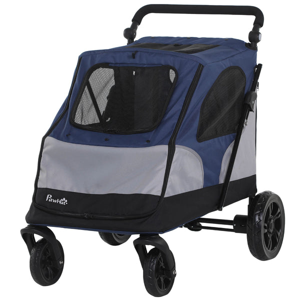 acquista Kinderwagen für kleine mittelgroße Hunde 104,5 x 68,5 x 110 cm in Stahl und grauem und blauem Oxford-Stoff