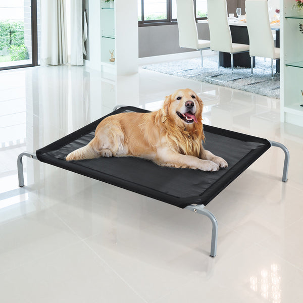 sconto Tragbares Bett für Hunde 110 x 80 x 20 cm bis 31,8 kg aus Metall und schwarzem Netzstoff