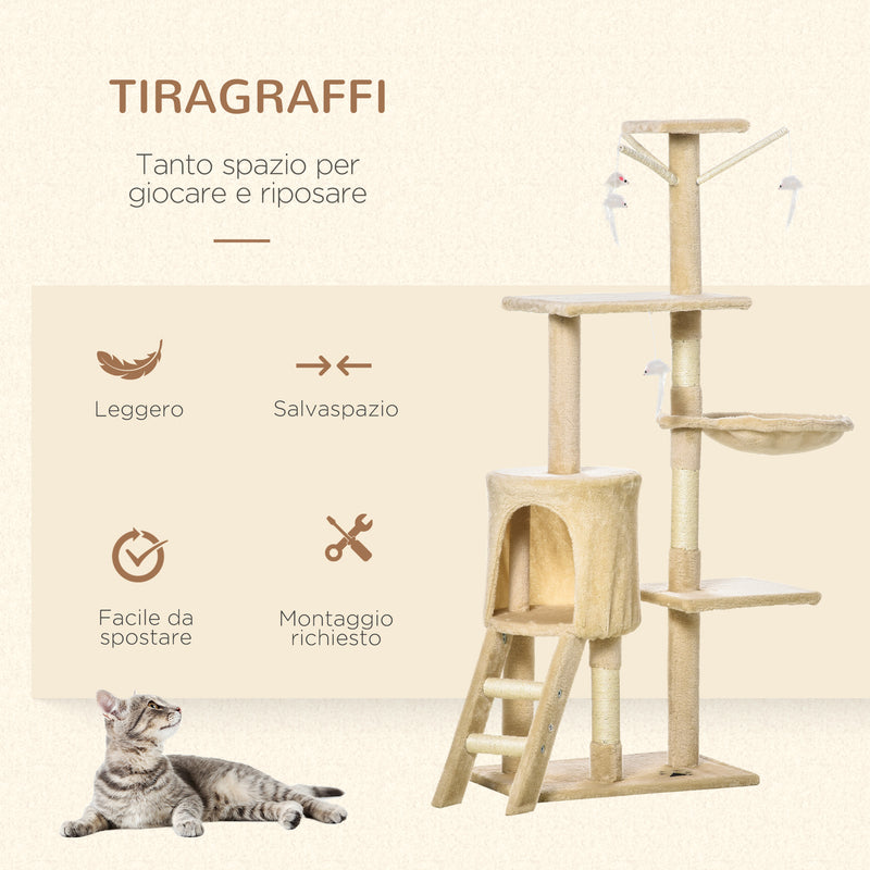 Albero Tiragraffi con Cuccia per Gatti in Legno Sisal Naturale Beige 40x30x131 cm -4