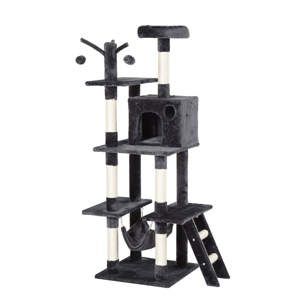 Kratzbaum mit 2 Hängemattenhütten und Spielzeug für Katzen 49 x 49 x 155 cm in dunkelgrauem Sisalplüsch online