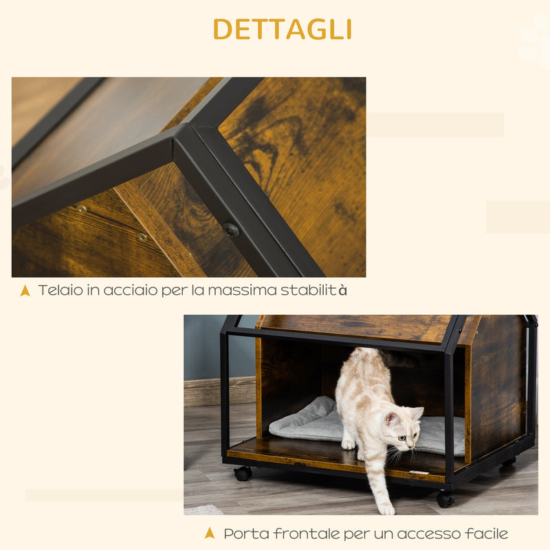 Cuccia per Gatti 60x50x60,5 cm in Legno e Acciaio Marrone Rustico-7