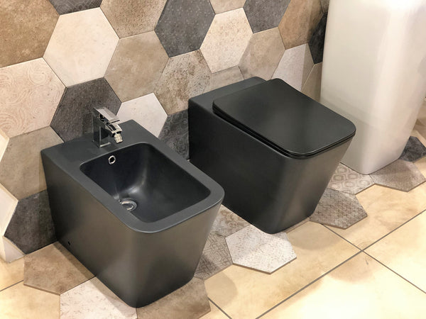 Paar Back to Wall Keramik WC und Bidet Sanitär 56,5 x 36,5 x 41 cm quadratisch schwarz prezzo