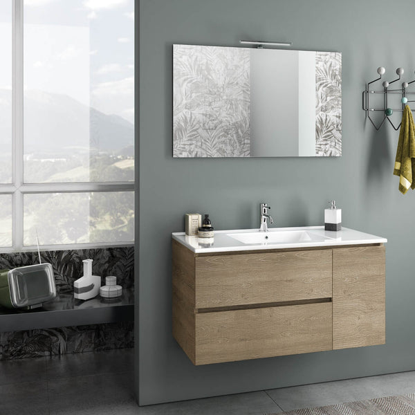 sconto Badezimmer-Hängeschrank mit Spiegelwaschbecken und TFT-LED-Lampe Febe Honey Oak