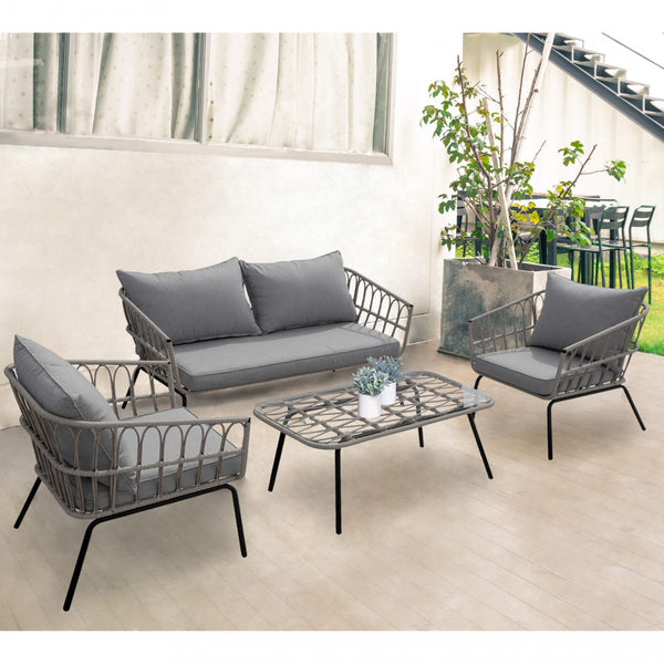 sconto Garden Lounge Set Sofa 2 Sessel und Couchtisch mit Kissen aus grauem Stahl
