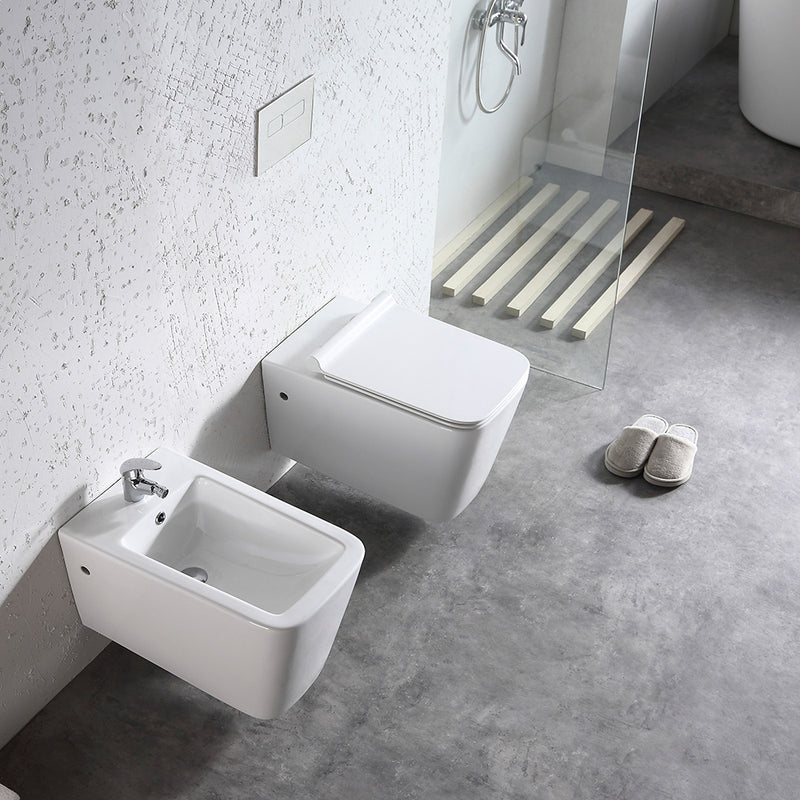 Coppia di Sanitari WC e Bidet Sospesi Filo Muro in Ceramica 36,5x58x33cm Bianco-5