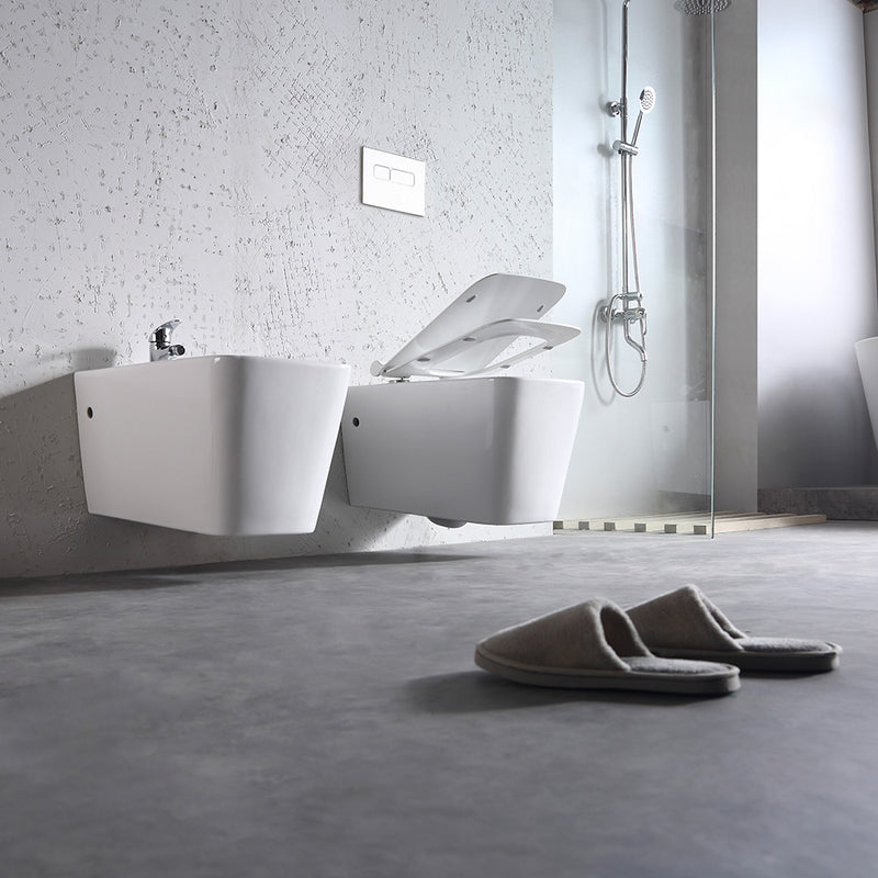Coppia di Sanitari WC e Bidet Sospesi Filo Muro in Ceramica 36,5x58x33cm Bianco-6