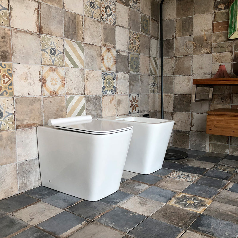 Coppia di Sanitari WC e Bidet a Terra Filo Muro in Ceramica 36,5x56,5x41cm Bianco-1