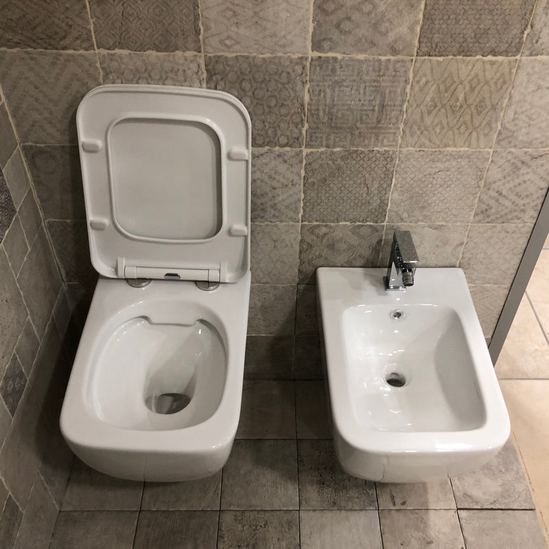 Coppia di Sanitari WC e Bidet Sospesi in Ceramica 51.5x36.5x35 cm Rimless Square Bianco-2
