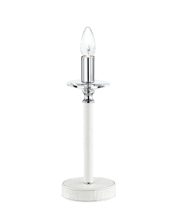 sconto Tischlampe mit rundem Sockel, Kunstleder, weiß, Kristall, K9, Chrom, E14, Umgebung I-DESDEMONA/L1