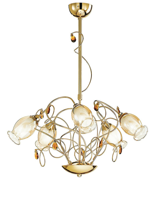 acquista Hängelüster mit floralen Lampenschirmen Glas Metall Gold Kristalle K9 Classic E14 Environment I-ELY/5