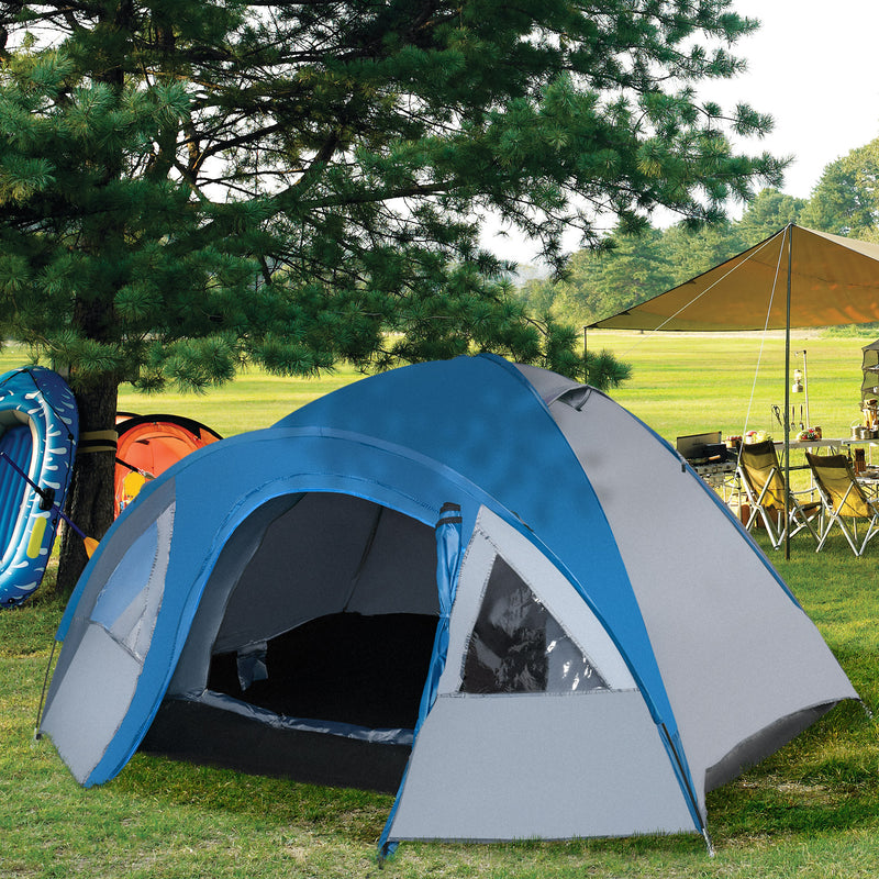 Tenda da Campeggio 4 Posti con Tasche e Gancio 3x2,50x1,30m in Poliestere e Fibra di Vetro Blu-2