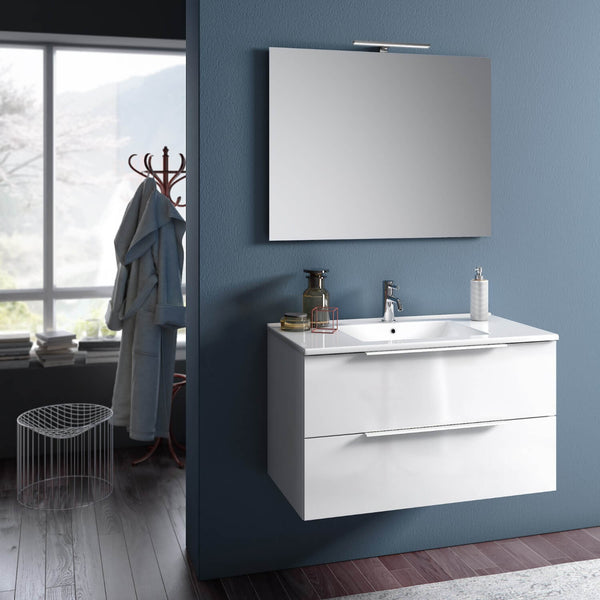 acquista Badezimmer-Hängeschrank mit Spiegelwaschbecken und glänzend weißer Luna TFT-LED-Lampe