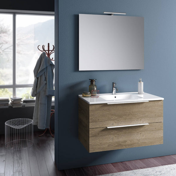 acquista Hängender Badezimmerschrank mit Spiegelwaschbecken und TFT-Luna-LED-Lampe in Honigeiche