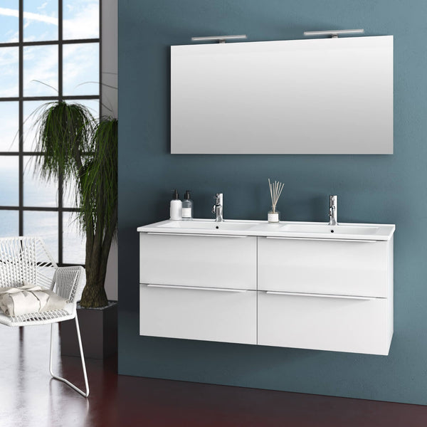 Badezimmer-Hängeschrank mit Doppelwaschbecken und Doppel-TFT-Luna-LED-Lampe in glänzendem Weiß online