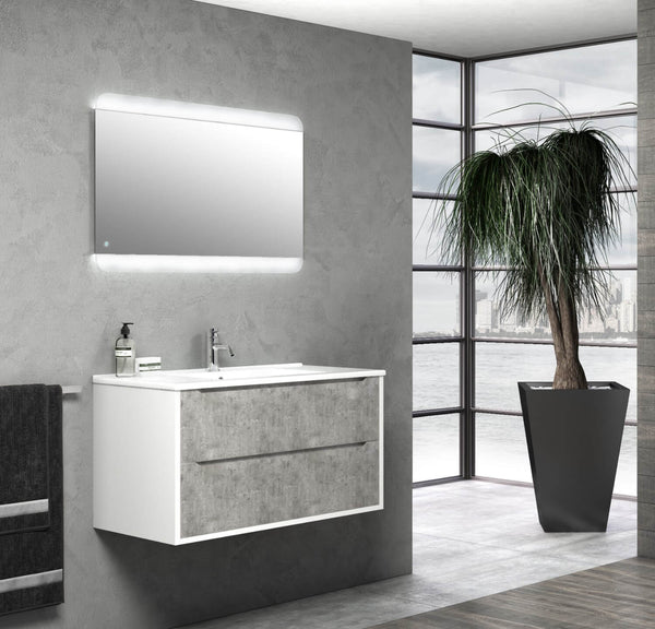 Badezimmer-Hängeschrank 90 cm Waschbeckenspiegel und Belsk-TFT-LED-Lampe in Weiß und Zement online