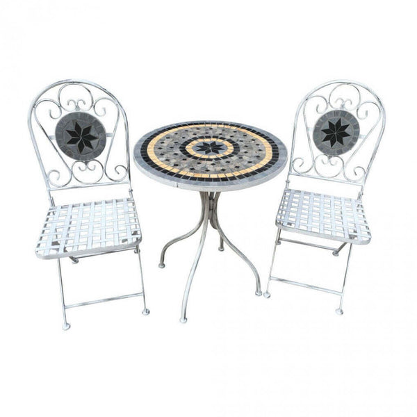 Couchtisch + 2 Stühle Set mit antikem weißem Metallmosaik online