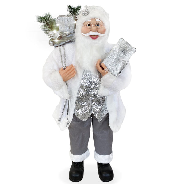 sconto Weihnachtsmannpuppe H90 mit Lichtern und Geräuschen Weiß und Silber