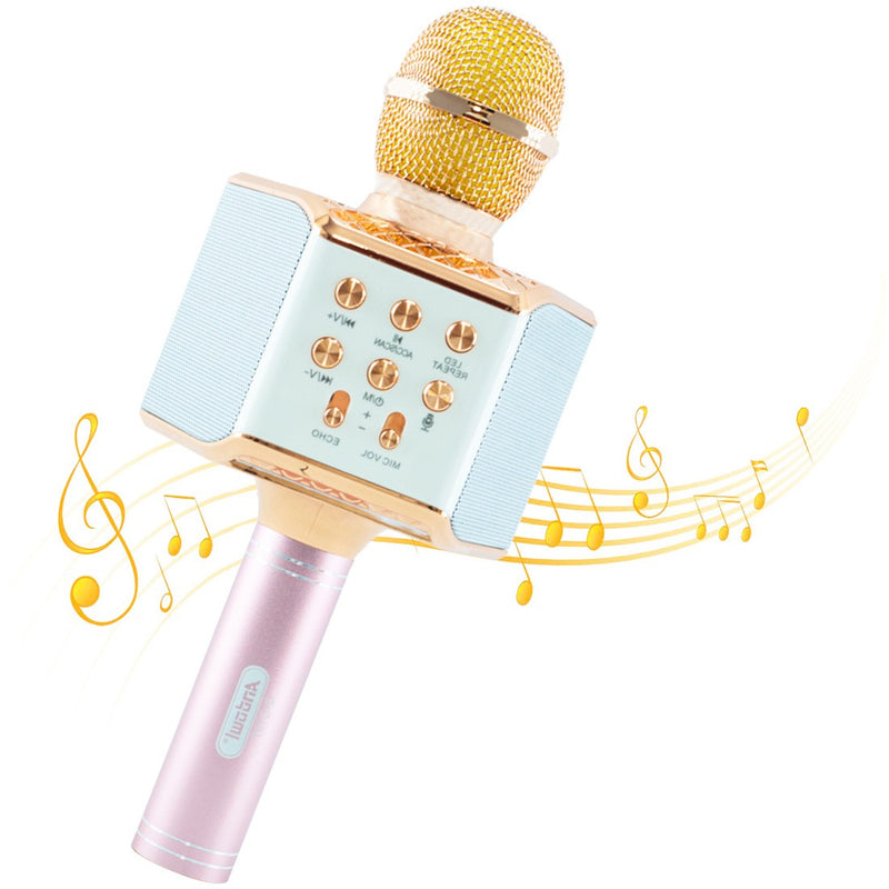 Microfono Karaoke Wireless con Luci Led Registra Canta e Riproduce Musica Rosa-1