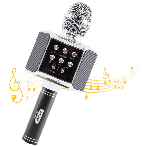 Drahtloses Karaoke-Mikrofon mit LED-Leuchten zum Aufnehmen, Singen und Abspielen von Musik in Schwarz sconto