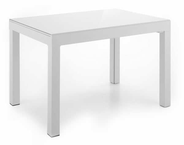 sconto Ausziehbarer Tisch 120/350x83x75 cm aus Metall mit weißer Glasplatte