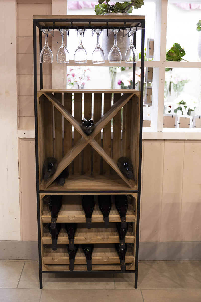 Cantinetta Portabottiglie 60x30x160 cm con Portabicchieri in Ferro e Legno Rex Nera-7