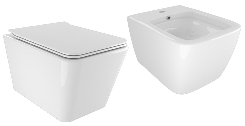 Coppia di Sanitari WC e Bidet Sospesi in Ceramica 36x52x35 cm Street Bonussi Bianco Lucido-1